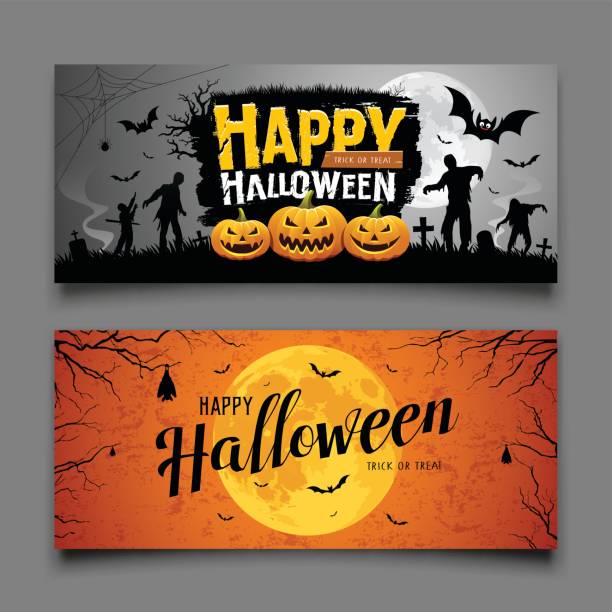 ilustraciones, imágenes clip art, dibujos animados e iconos de stock de feliz fiesta de halloween banners horizontales colecciones - halloween background