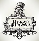 Happy Halloween Skeleton Background. Pen and ink illustration of a Happy Halloween Skeleton. Layered for easy edits. remove the type and add your own party message. Scale to any size. Check out my "Halloween Horror Vector" light box for more.