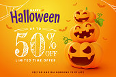 istock Happy Halloween, Smilling jack-o'-lantern pumpkin on orange background 1332156607