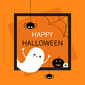 Happy Halloween. Square frame. Flying ghost silhouette. Two black spider dash line. Web corner Pumpkin, eyeball. Cute cartoon baby character. Flat design. Orange background. Vector illustration