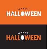 Happy Halloween Typography Over Orange and Black with Spider and Ghost. Vector Illustration.