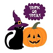 Happy Halloween. Vector cartoon illustration with a black cat and pumpkin. Element for card, poster, banner, logo and other use.
