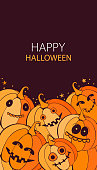Happy Halloween. Vertical banners and wallpaper for social media stories. Creepy funny pumpkins with eyes, teeth, jaws. Terrible monsters. Templates with copy space for text. Hand drawn illustration