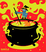 Halloween Cartoon Characters Design, Full Length Vector art illustration, Copy Space, Red, Orange, Black, Flat.
Happy Halloween, wizard standing on top of a big cauldron (stew pot) and cooking food.