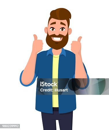 istock Happy handsome man showing thumbs up. Concept illustration in cartoon style. 980239992