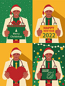 Christmas Characters Vector Art Illustration.
Happy handsome mature doctor dressed in a Santa Claus suit holding a Christmas present and New Year greeting card and heart shape sign and digital tablet.