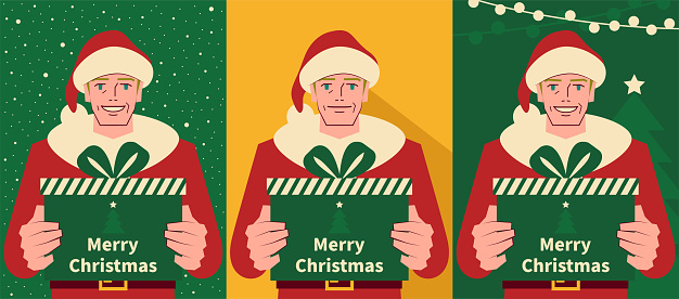 Happy handsome mature men dressed in a Santa Claus suit holding a Christmas present, with three backgrounds