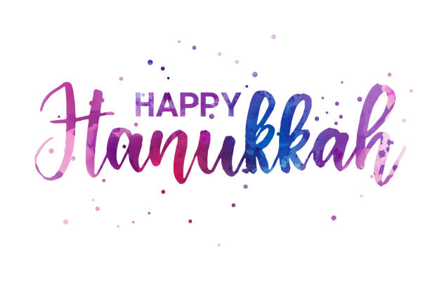 Happy Hannukah lettering Happy Hannukah  - handwritten modern calligraphy lettering text. Blue and purple colored with abstract dots decoration. happy hanukkah stock illustrations