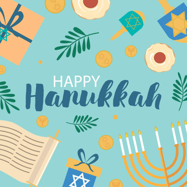 ilustraciones, imágenes clip art, dibujos animados e iconos de stock de janucá feliz diseño de tarjeta de felicitación - happy hanukkah