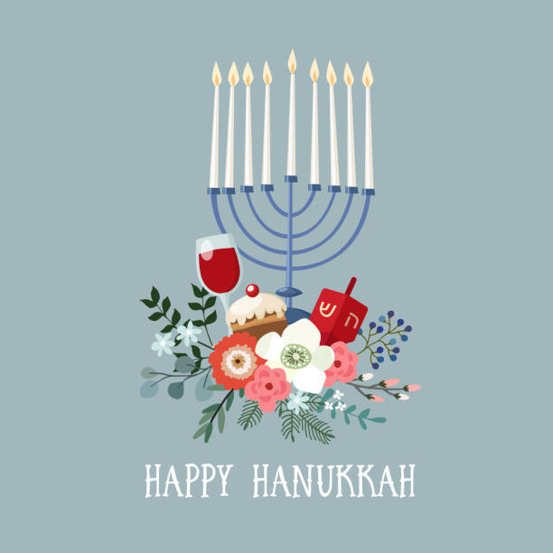 ilustraciones, imágenes clip art, dibujos animados e iconos de stock de feliz hanukkah tarjetas, invitación con candelabro dibujado a mano, dreidle, donut y bouquet floral. ilustración de vector para el festival judío de la luz - hanukkah