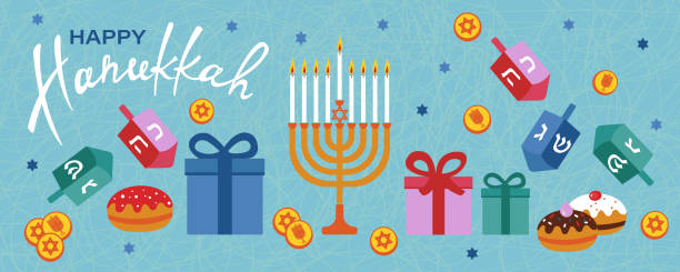menorah, dreidels, hediye kutuları, i̇branice harfler, çörekler, yıldız david ile mutlu hanuka yatay afiş. - hanukkah stock illustrations