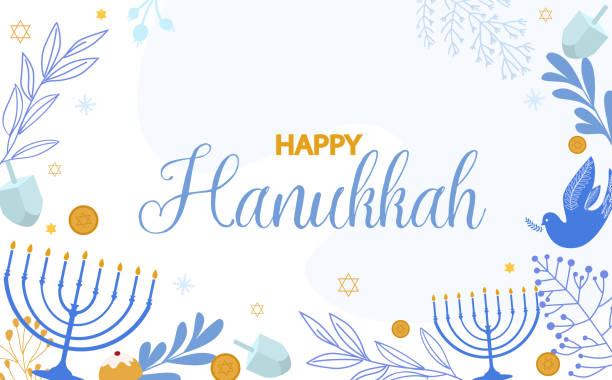 ilustraciones, imágenes clip art, dibujos animados e iconos de stock de ilustración feliz hanukkah, festival judío de las luces tradicional de fondo de vacaciones. - hanukkah