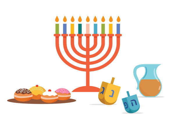 快樂光明節，猶太燈節背景為賀卡，邀請函，橫幅與猶太符號作為德雷德爾玩具，甜甜圈，燭臺燭臺。向量插圖 - 猶太燭台 幅插畫檔、美工圖案、卡通及圖標