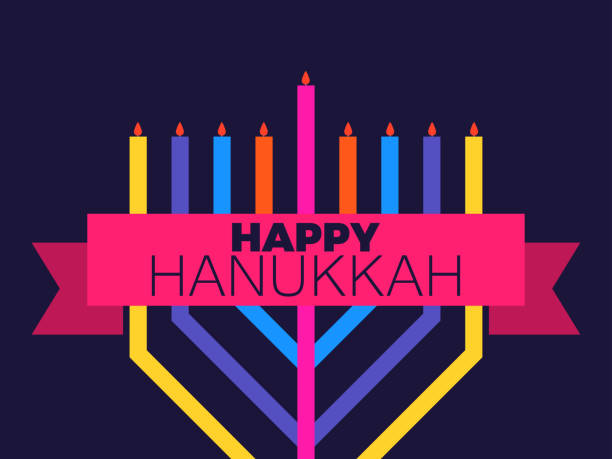 ilustraciones, imágenes clip art, dibujos animados e iconos de stock de feliz hanukkah. menorah multicolor con nueve velas y cinta. tarjeta de felicitación del festival judío. ilustración vectorial - hanukkah