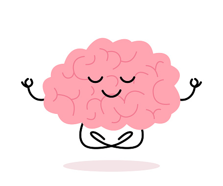 Happy healthy brain mind character meditation yoga relax. Health brain mental organ sit in lotus, keep calm. Vector illustration