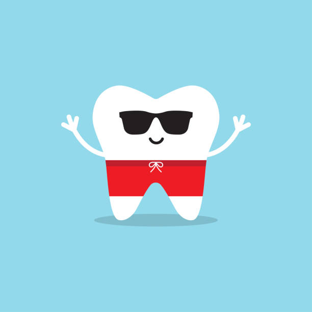 Happy healthy tooth in sunglasses and swimming trunks. Happy healthy tooth in sunglasses and swimming trunks. Vector illustration on a blue background cartoon sun with sunglasses stock illustrations