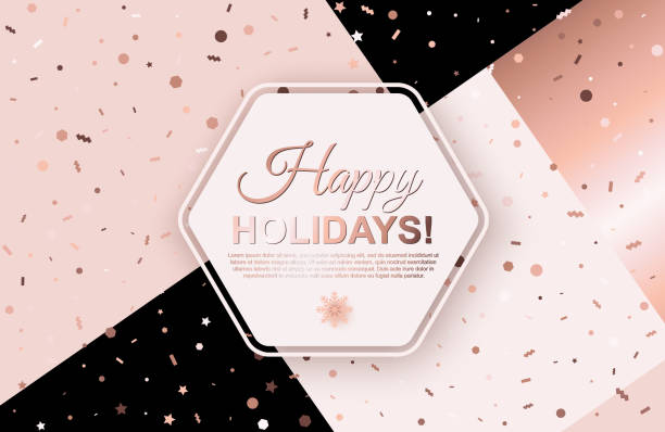 Happy Holidays background with scattered geometric confetti. Hexagon frame in center with place for text on trendy patchwork backdrop. Winter template design for posters, flyers, brochures, vouchers Happy Holidays background with scattered geometric confetti. Hexagon frame in center with place for text on trendy patchwork backdrop. Winter template design for posters, flyers, brochures, vouchers rose gold background stock illustrations