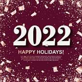2022 Happy Holidays Banner with Silver Numbers on wine color background with scattered geometric and foil paper Confetti. Vector illustration. All isolated and layered"r"n