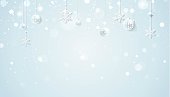 Merry christmas and Happy new year holiday sparkling background. Happy holidays banner with snowflakes and christmas decorations on silver sparkling background. Vector illustration.