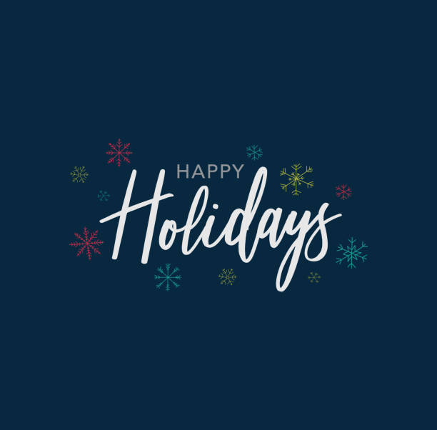 ilustraciones, imágenes clip art, dibujos animados e iconos de stock de felices fiestas caligrafía vector texto con mano dibujar los copos de nieve sobre fondo azul oscuro - happy holidays