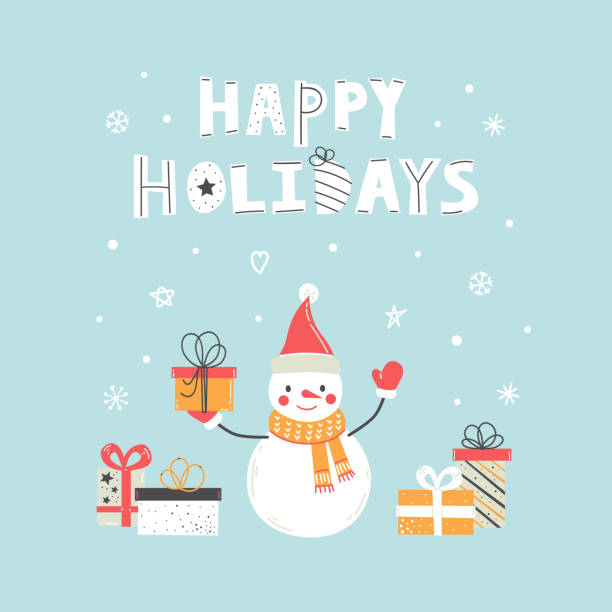 illustrations, cliparts, dessins animés et icônes de carte heureuse de vacances avec les bonhommes de neige mignons dessinés à la main - bonhomme de neige