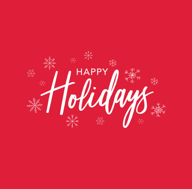 happy holidays christmas card ilustracja wektorowa kaligrafia tekst z ręcznie rysowanymi płatkami śniegu na czerwonym tle - happy holidays stock illustrations