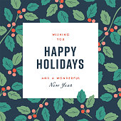 Happy holidays design template with hand-drawn vector winter botanical graphics