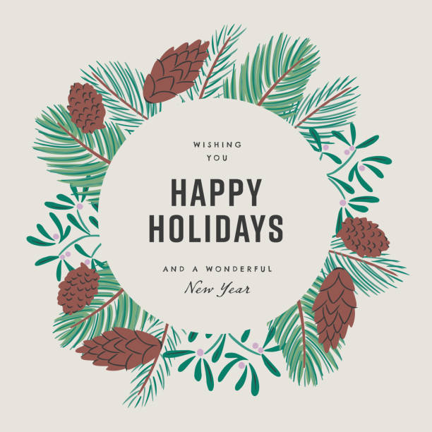 Happy holidays design template with hand-drawn vector winter botanical graphics Happy holidays design template with hand-drawn vector winter botanical graphics marketing clipart stock illustrations
