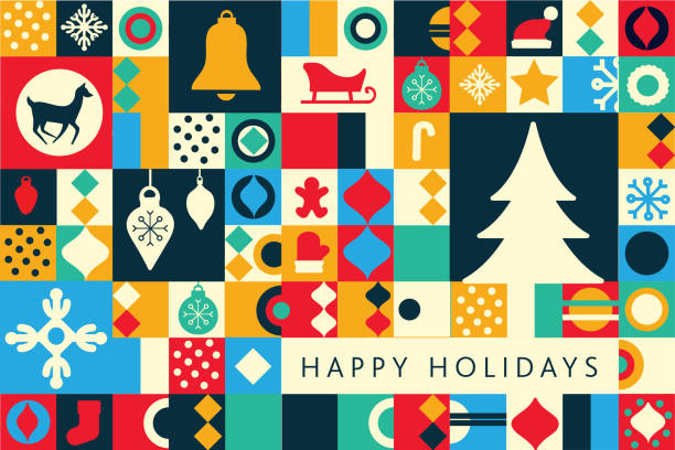 Happy Holidays Greeting card flat design template with ornaments and trees geometric shapes and simple icons Vector illustration of a Happy Holidays Invitation card design with geometric simplicity and bright colors on dark blue background. Includes flat colorful ornaments and trees silhouette mosaic. Fully editable and easy to customize. Download includes eps 10 and high resolution jpg. hoofed mammal stock illustrations