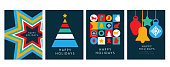 Vector illustration of a set of four Happy Holidays Invitation card designs with geometric simplicity and bright colors on dark blue background. Includes star shape, tree shape, icon mosaic, and colorful flat ornaments. Fully editable and easy to customize. Download includes eps 10 and high resolution jpg.