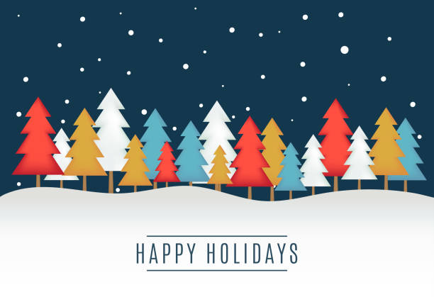 ilustraciones, imágenes clip art, dibujos animados e iconos de stock de tarjeta de felicitación happy holidays con árboles de navidad. vector - happy holidays
