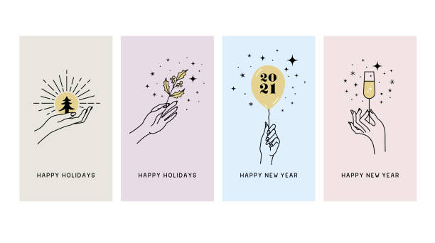 Happy holidays greeting cards Boho Christmas and New Year greeting cards.
Editable vectors on layers. champagne drawings stock illustrations
