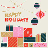 Christmas holiday graphic featuring vintage Christmas ornaments and gifts in a retro color scheme.