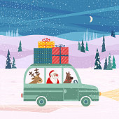 Happy holidays poster. Cute deer, pet dog, Santa Claus deliver Christmas presents gift boxes by retro bus. Colorful playful cartoon. Vector winter holiday greeting card. New Year fun banner background
