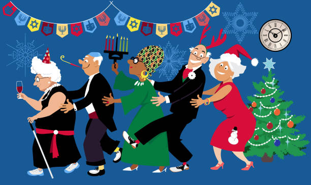 Happy holidays to all Senior citizens celebrate a multi denominational winter holidays at retirement home or a community center with diverse  friends, EPS 8 vector illustration kwanzaa stock illustrations