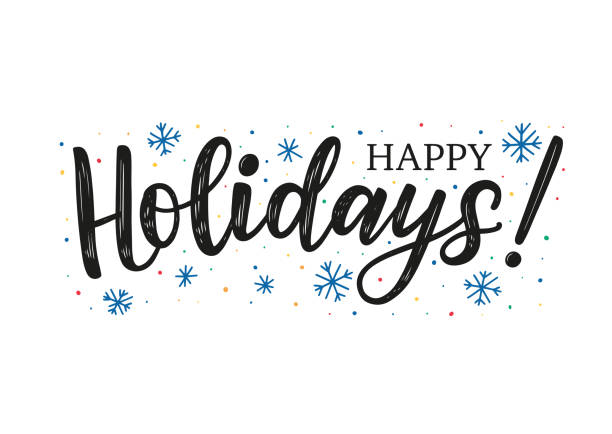 Happy Holidays typography poster Happy Holidays typography poster decorated by dots and snowflakes. Hand sketched lettering happy holidays as card, postcard, poster, banner, template. Vector illustration happy holidays stock illustrations