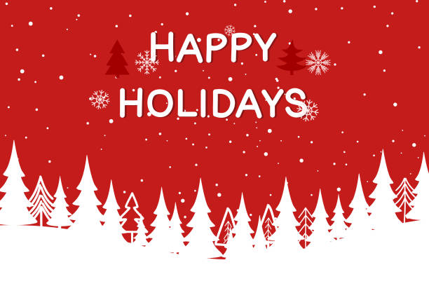 ilustraciones, imágenes clip art, dibujos animados e iconos de stock de felices fiestas con árbol de navidad sobre fondo rojo. - happy holidays