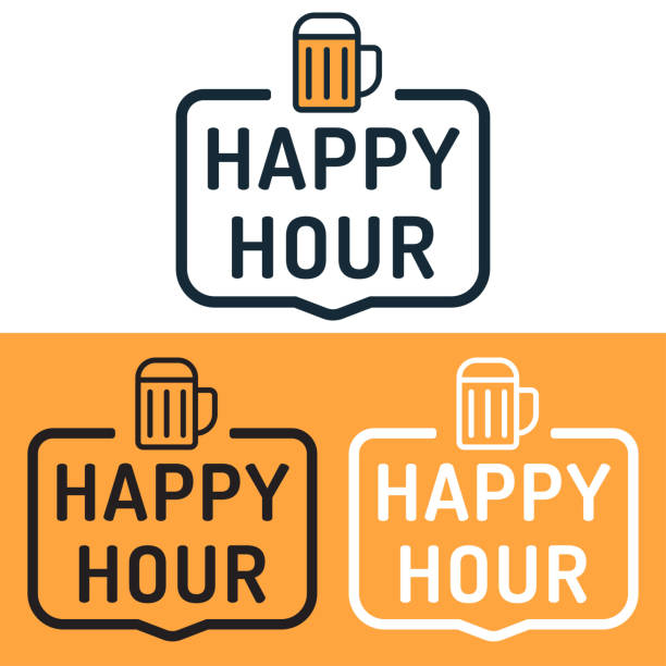 Happy hour. Badge with beer icon. Flat vector illustration on white and yellow background. Business concept. happy hour stock illustrations