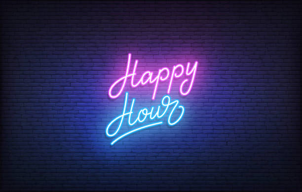 ilustrações, clipart, desenhos animados e ícones de sinal de neon happy hour. modelo de happy hour de néon brilhante. - happy hour