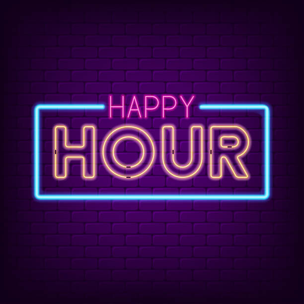 ilustrações, clipart, desenhos animados e ícones de sinal de neon happy hour. noite brilhante publicidade neon placa. vetor - happy hour