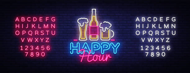 Happy Hour neon sign vector. Happy Hour Design template neon sign, Night Dinner, celebration light banner, neon signboard, nightly advertising, light inscription. Vector. Editing text neon sign Happy Hour neon sign vector. Happy Hour Design template neon sign, Night Dinner, celebration light banner, neon signboard, nightly advertising, light inscription. Vector. Editing text neon sign. happy hour stock illustrations