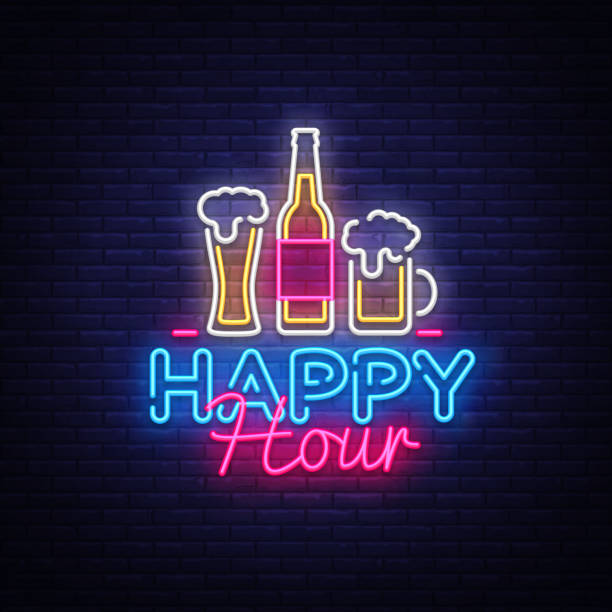 Happy Hour neon sign vector. Happy Hour Design template neon sign, Night Dinner, celebration light banner, neon signboard, nightly bright advertising, light inscription. Vector illustration Happy Hour neon sign vector. Happy Hour Design template neon sign, Night Dinner, celebration light banner, neon signboard, nightly bright advertising, light inscription. Vector illustration. happy hour stock illustrations