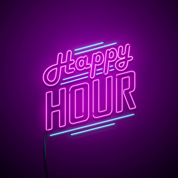 ilustrações, clipart, desenhos animados e ícones de happy-hour de néon - happy hour