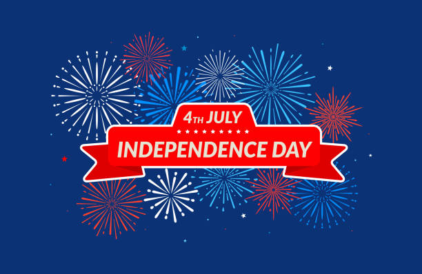 ilustraciones, imágenes clip art, dibujos animados e iconos de stock de feliz día de la independencia 4 de julio. banner en el fondo de fuegos artificiales festivos. - fourth of july fireworks