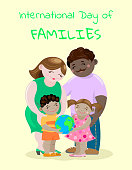 Happy parents of different nationalities with children and a globe for the International Day of Families