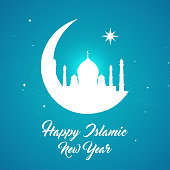 Happy Islamic New Year (also known as Arabic New Year or Hijri New Year ) Vector illustration. Night view of the crescent moon with mosque.