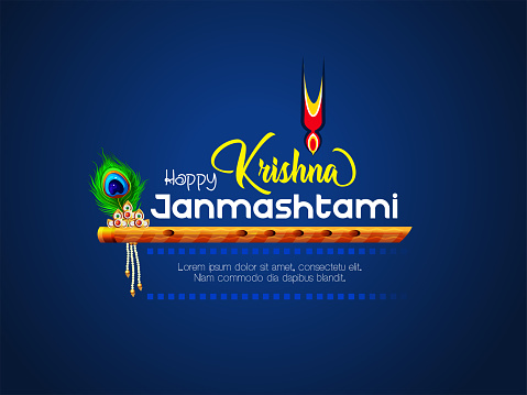 Happy Janmashtami festival typographic vector design with text, pots, Lord Krishna, flute, sweets and peacock feather