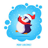 Happy jumping penguin in a santa hat and red scarf. Hand drawn vector illustration. New year pre-made postcard with text Merry Christmas.