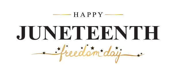 Happy Juneteenth Freedom Day concept. African - American Independence day. Modern calligraphy banner design, vector card. Black and gold lettering with stars on white. juneteenth 1865 stock illustrations
