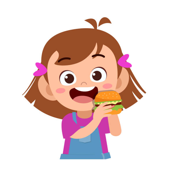 illustrations, cliparts, dessins animés et icônes de l'enfant heureux mangent l'illustration de vecteur - eating burger